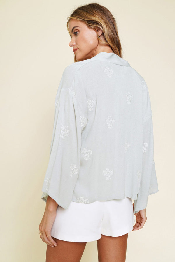 Embroidered Tie Front Kimono Cardigan
