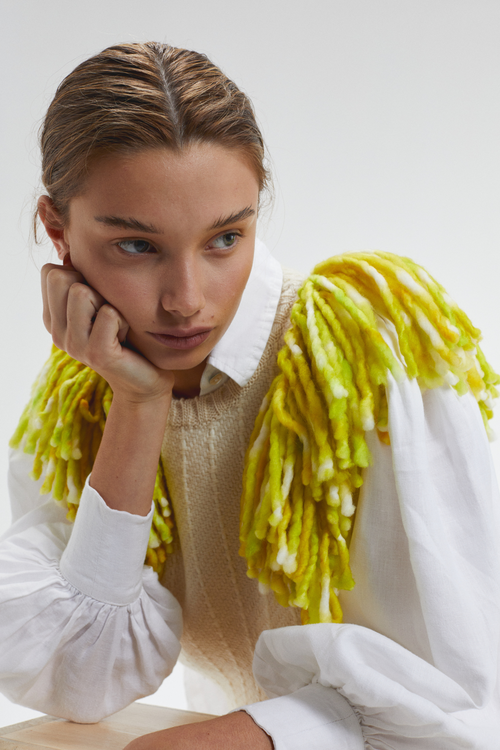 Lake Merino Wool Vest - Natural with Lime Fringes