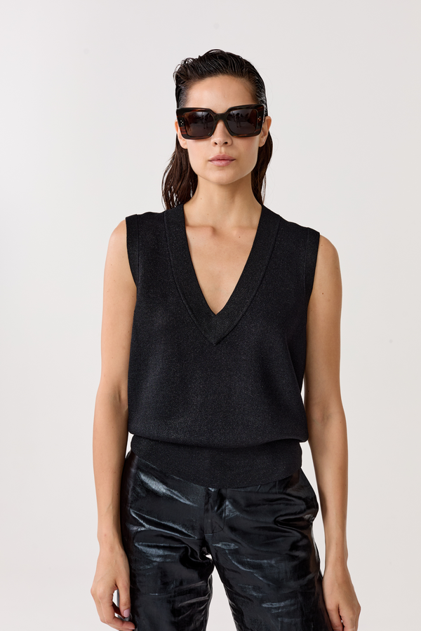 Preppy Lurex Knitted Vest - Black