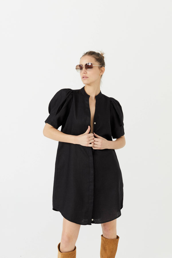 Athina Short Linen Dress - Black