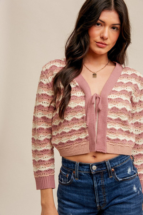 V Neck Front Tie Closure Striped Knit Cardigan