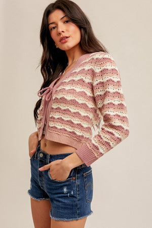 V Neck Front Tie Closure Striped Knit Cardigan