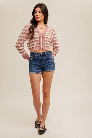 V Neck Front Tie Closure Striped Knit Cardigan