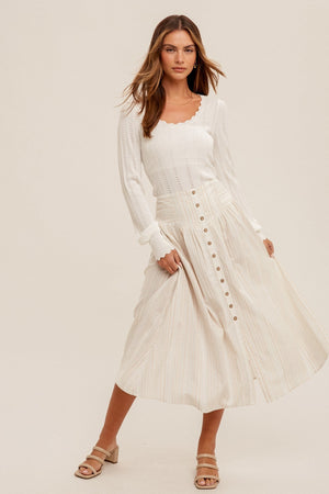 Button Front Striped Midi Skirt