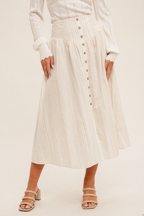 Button Front Striped Midi Skirt