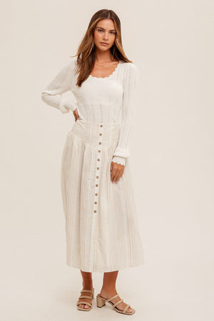 Button Front Striped Midi Skirt