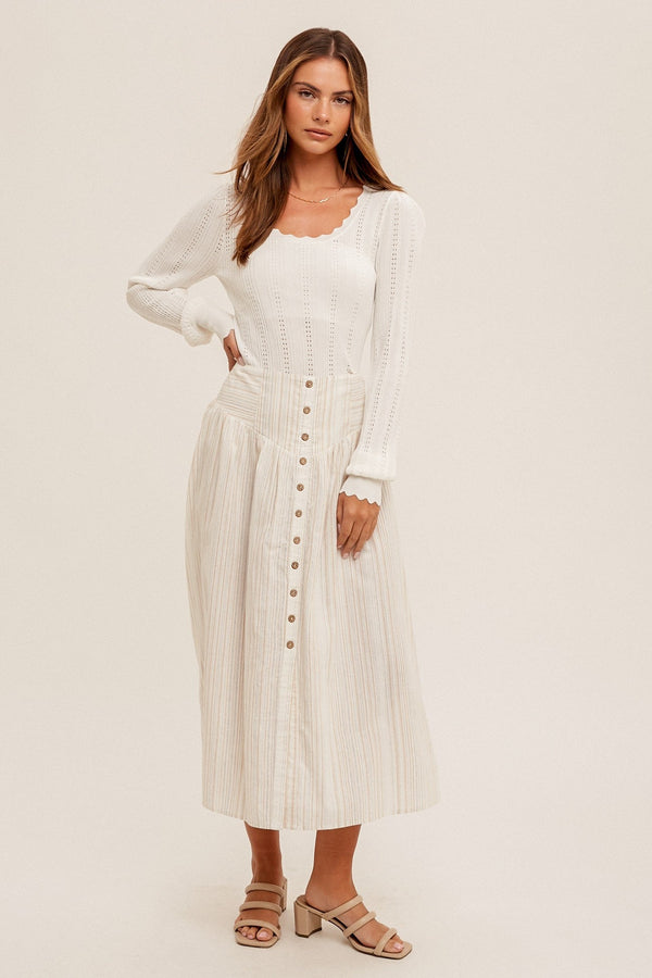 Button Front Striped Midi Skirt