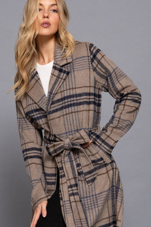 Long Sleeve Belted Plaid Woven Jacket