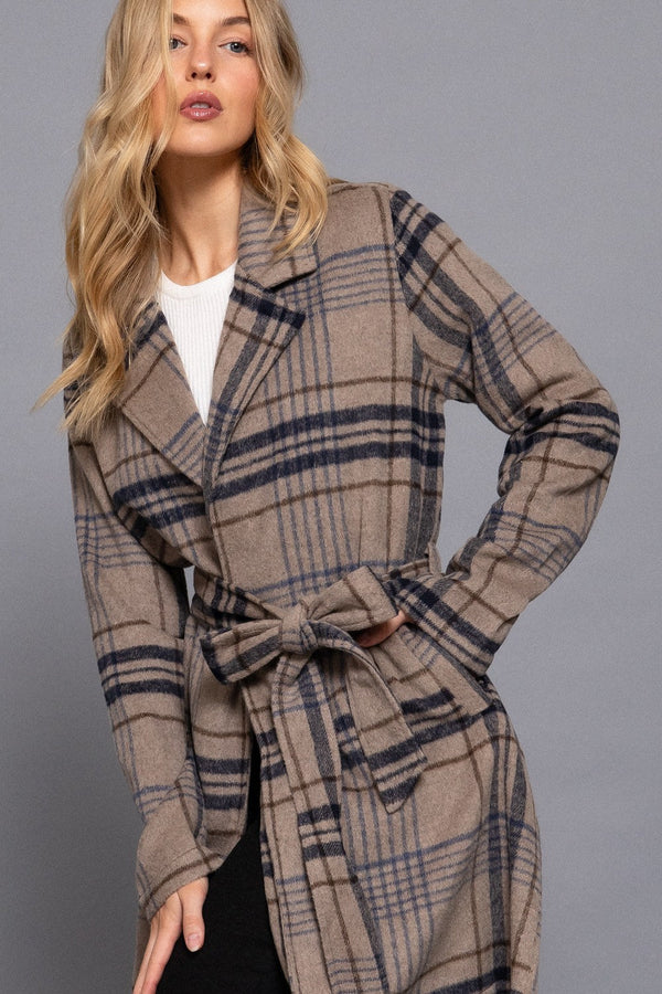 Long Sleeve Belted Plaid Woven Jacket