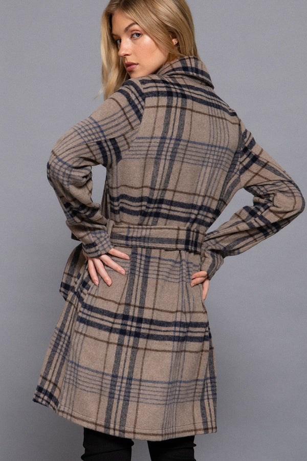 Long Sleeve Belted Plaid Woven Jacket