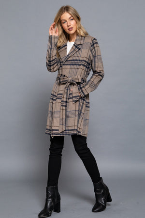 Long Sleeve Belted Plaid Woven Jacket