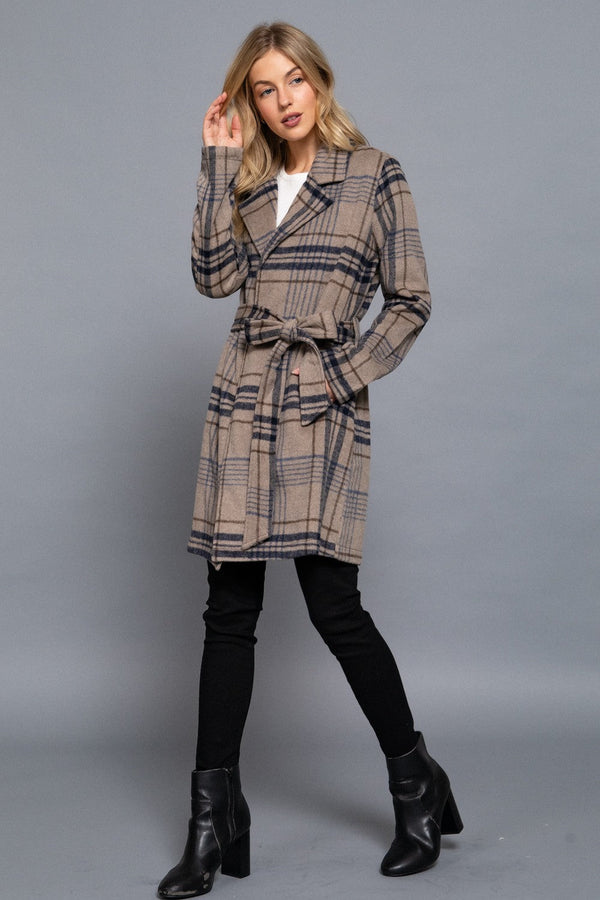 Long Sleeve Belted Plaid Woven Jacket