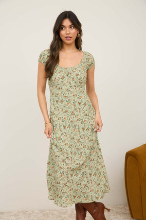 Floral Scoop Neck Ruched Short Sleeve Midi Dress