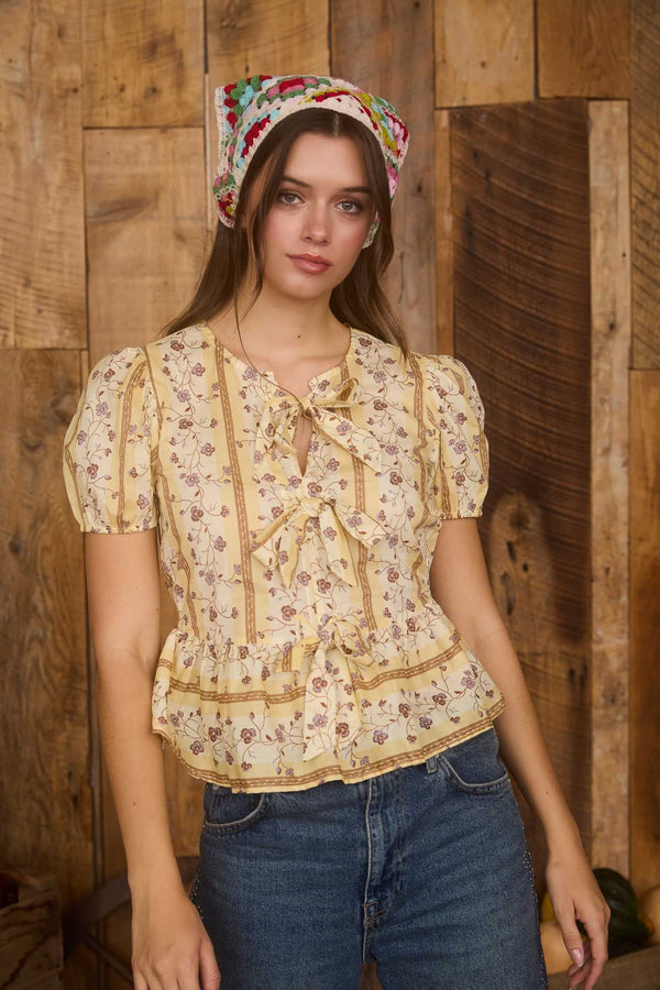 Floral Stripe Pattern Front Tie Puff Sleeve Blouse