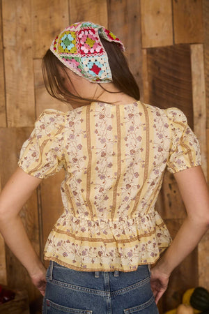 Floral Stripe Pattern Front Tie Puff Sleeve Blouse