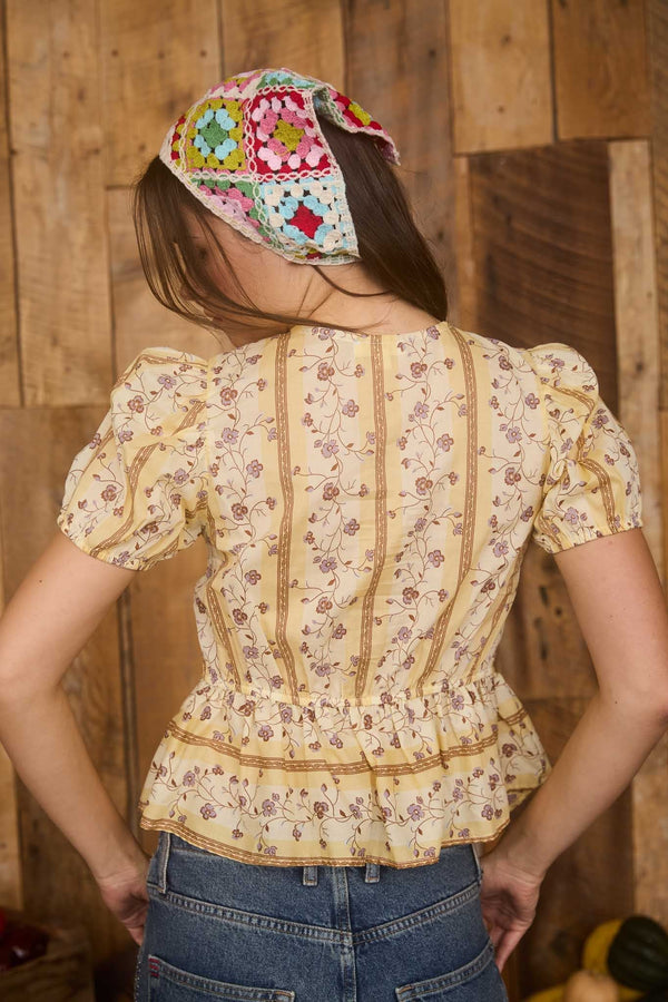 Floral Stripe Pattern Front Tie Puff Sleeve Blouse