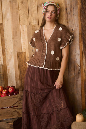 Crochet Floral Detail Ruffled Knit Cardigan