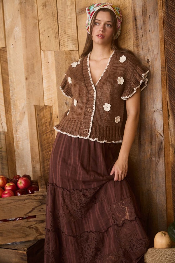 Crochet Floral Detail Ruffled Knit Cardigan