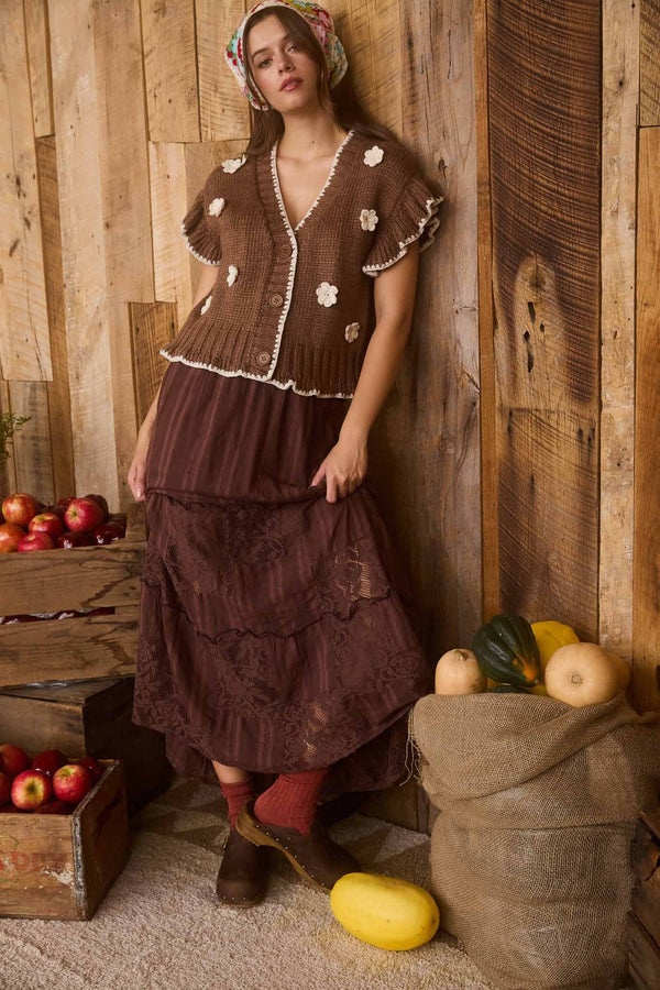 Crochet Floral Detail Ruffled Knit Cardigan