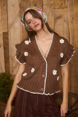 Crochet Floral Detail Ruffled Knit Cardigan