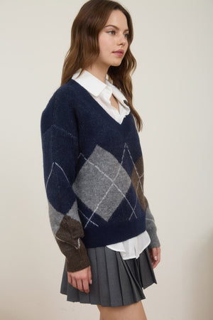 Argyle V Neck Long Sleeve Pullover Sweater