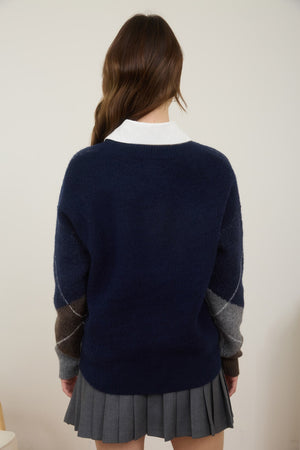Argyle V Neck Long Sleeve Pullover Sweater