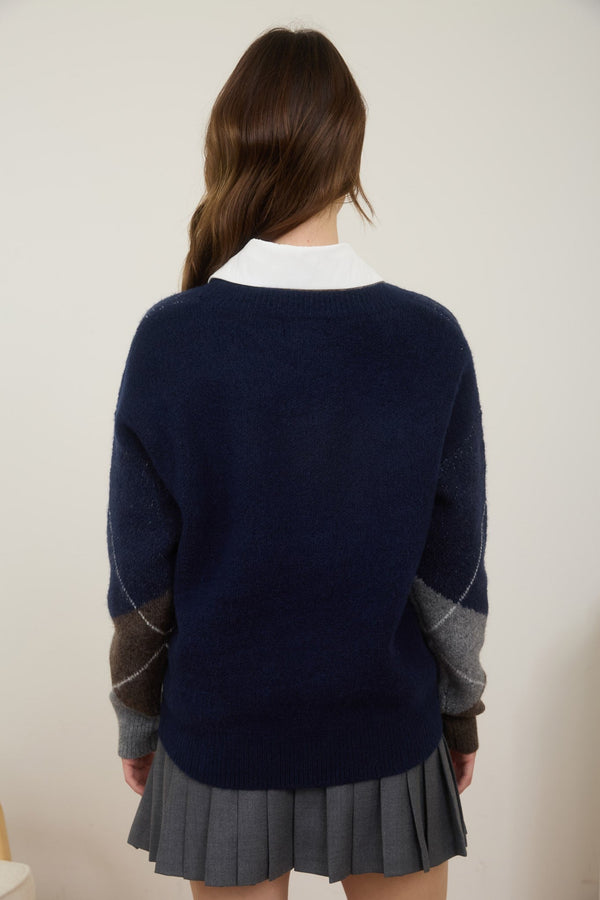 Argyle V Neck Long Sleeve Pullover Sweater