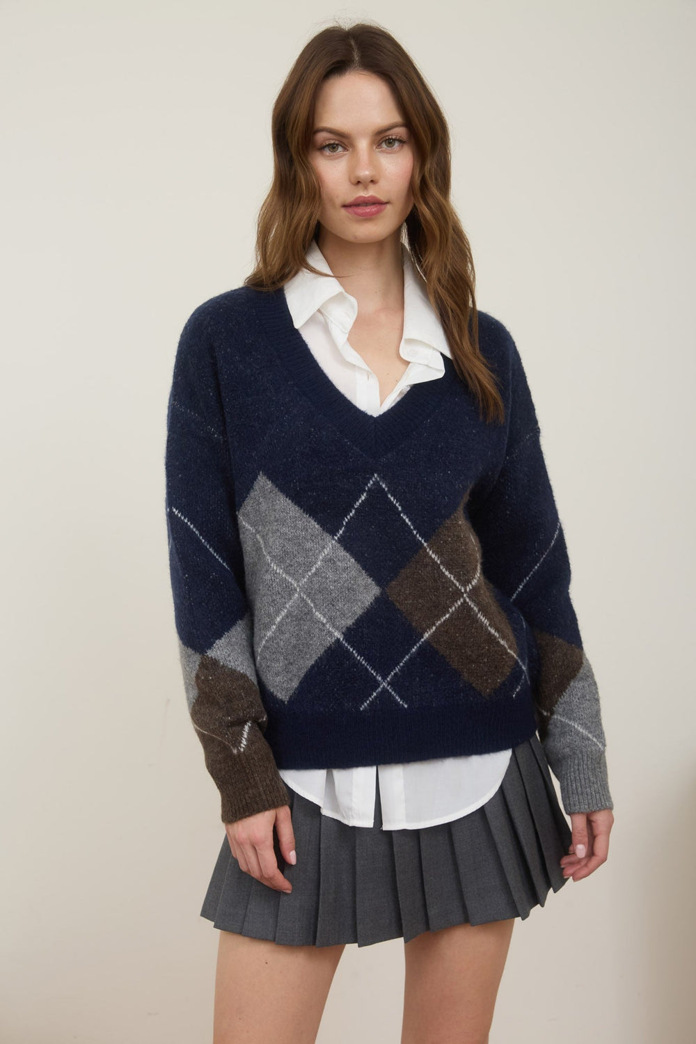 Argyle V Neck Long Sleeve Pullover Sweater