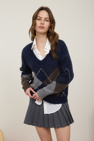 Argyle V Neck Long Sleeve Pullover Sweater