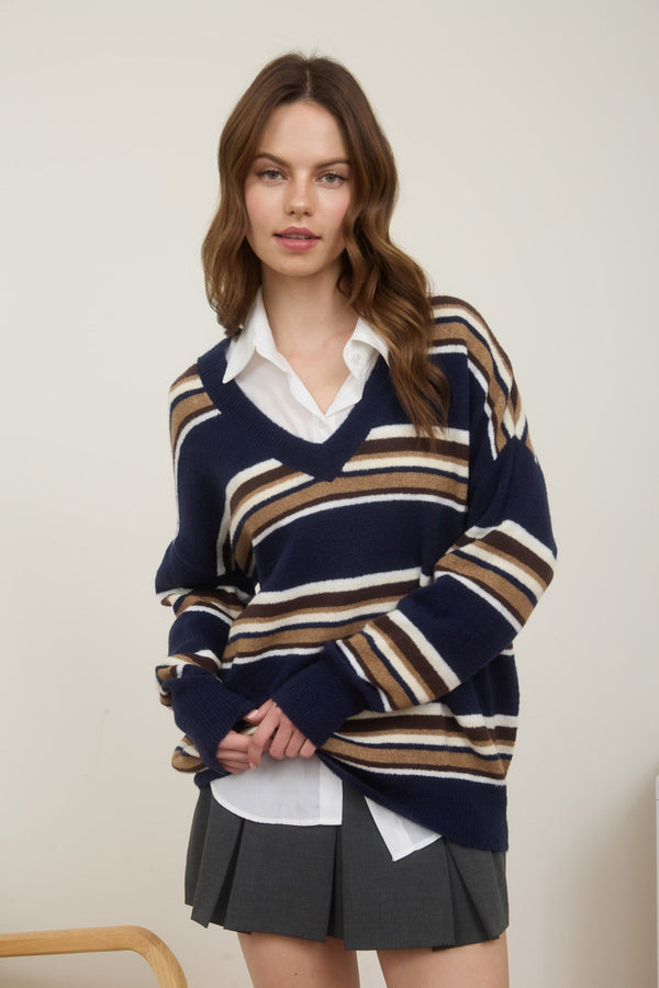 Multicolor Stripe V Neck Long Sleeve Knit Sweater