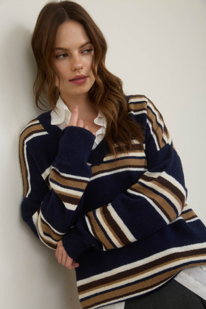 Multicolor Stripe V Neck Long Sleeve Knit Sweater