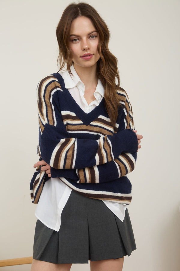 Multicolor Stripe V Neck Long Sleeve Knit Sweater
