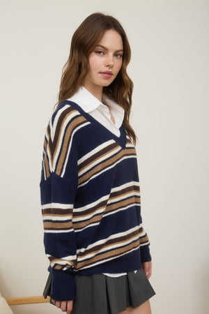Multicolor Stripe V Neck Long Sleeve Knit Sweater