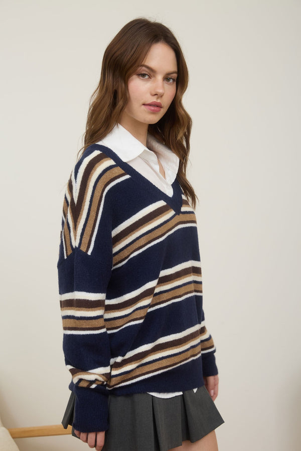 Multicolor Stripe V Neck Long Sleeve Knit Sweater