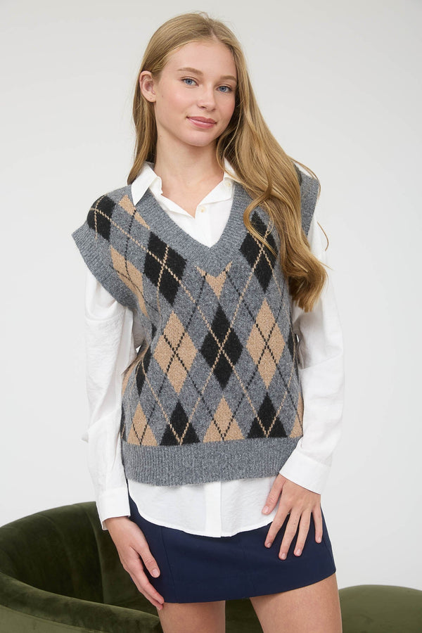Argyle V Neck Sleeveless Knit Pullover Vest