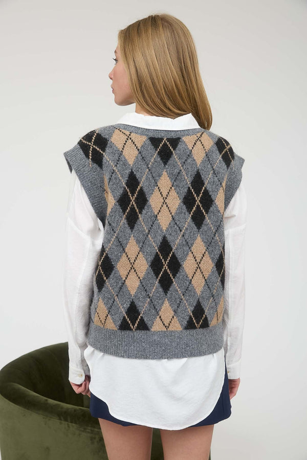 Argyle V Neck Sleeveless Knit Pullover Vest