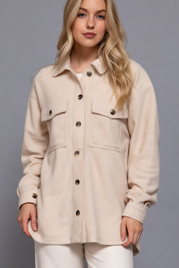 Long Slv Notched Collar Front Pocket Fleece Jacket