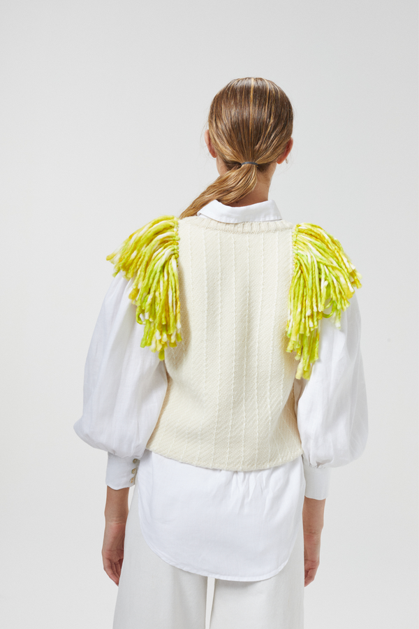 Lake Merino Wool Vest - Natural with Lime Fringes