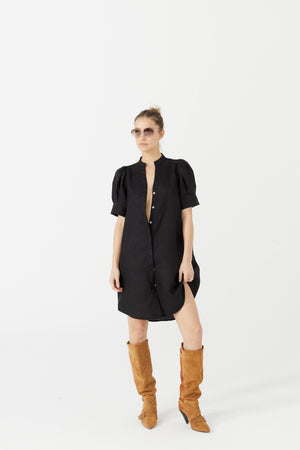 Athina Short Linen Dress - Black