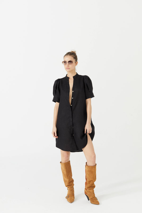 Athina Short Linen Dress - Black