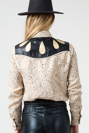 Far West Metallic Linen Shirt - Snake Print with Metallic Black and Gold Appliques