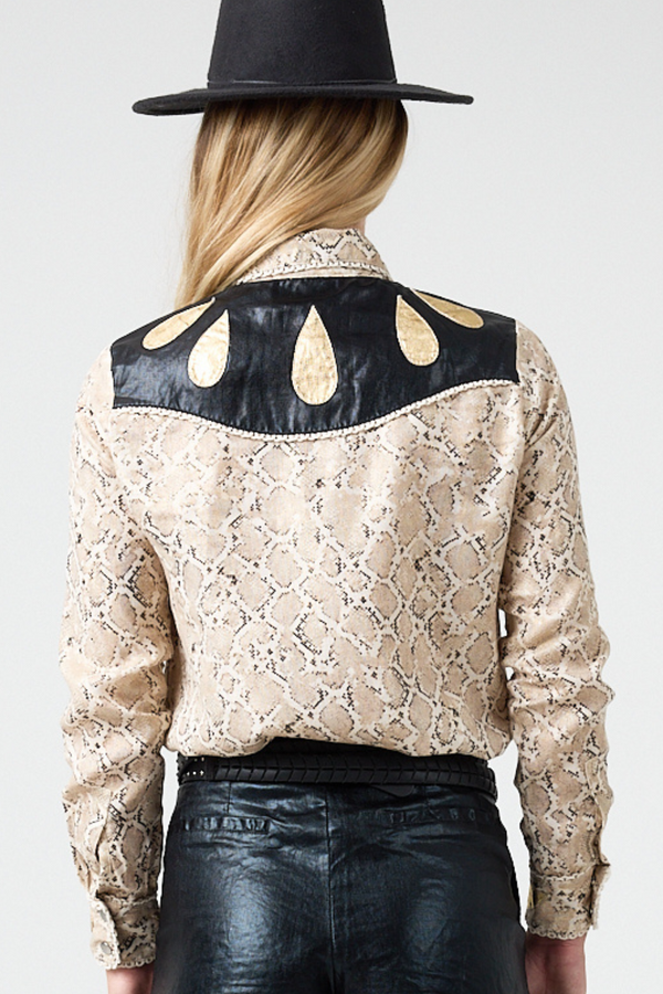 Far West Metallic Linen Shirt - Snake Print with Metallic Black and Gold Appliques