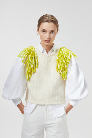 Lake Merino Wool Vest - Natural with Lime Fringes