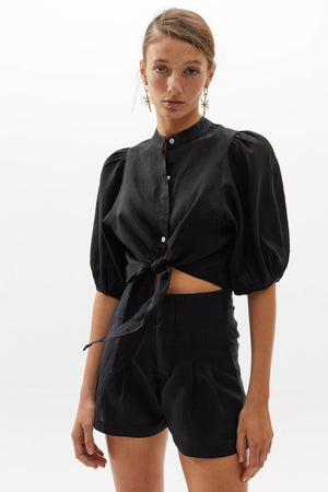 Bubble Linen Crop Top - Black