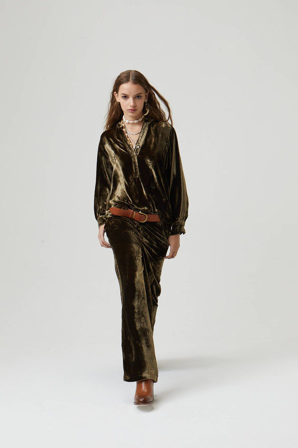 New Luna Silk Velvet Pants - Moss