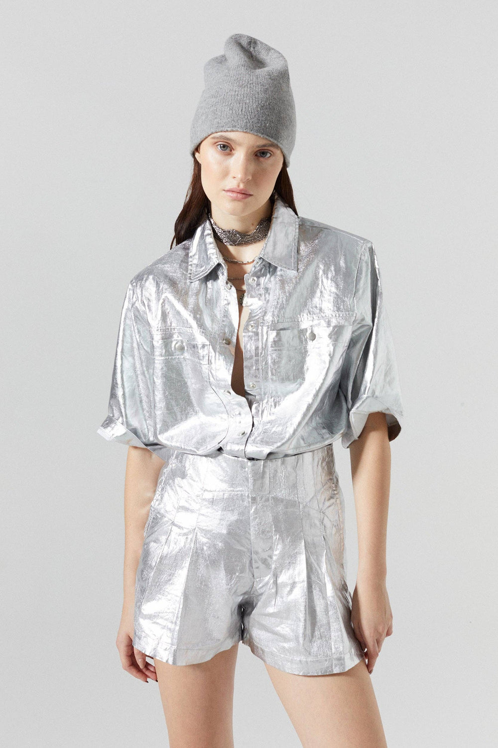 Frida Metallic Linen Shorts - New Silver