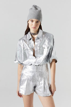 Frida Metallic Linen Shorts - New Silver
