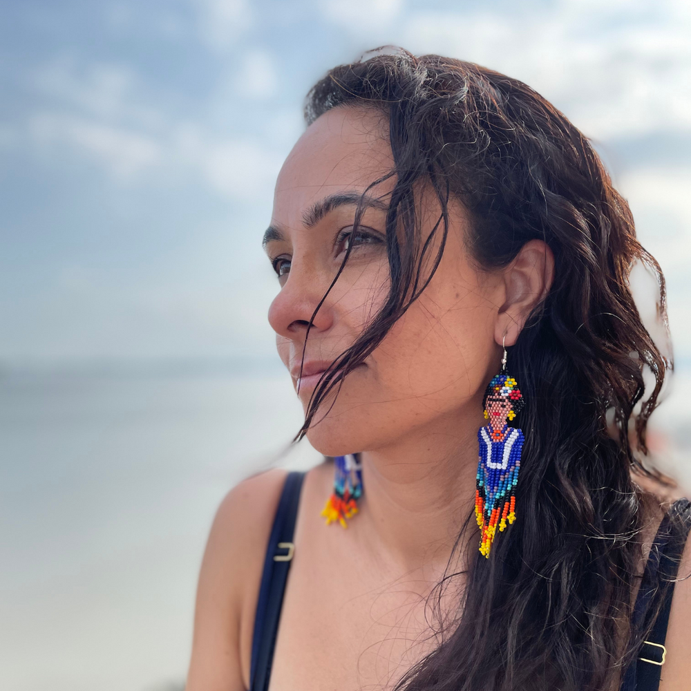 Frida Kahlo Seed Bead Dangly Earrings - Guatemala