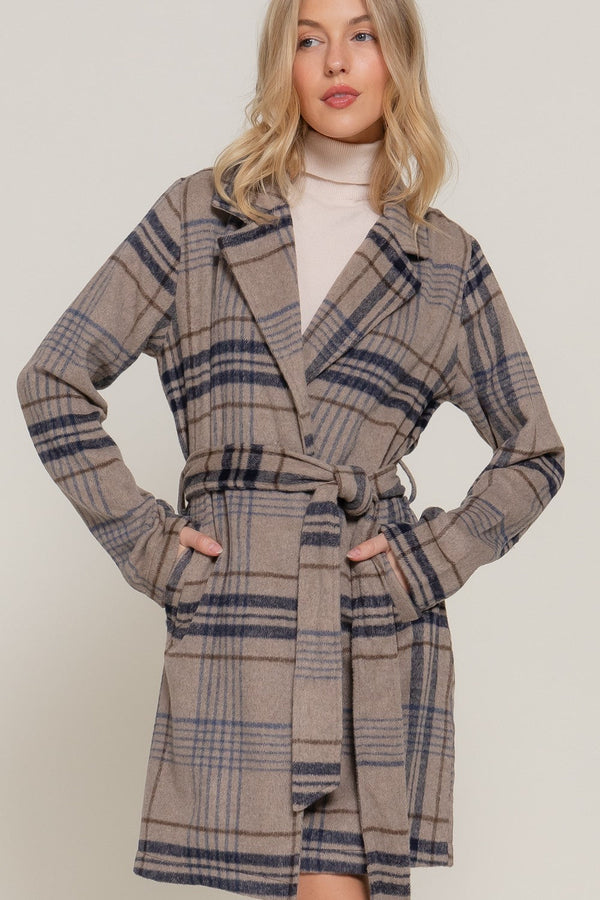 Long Sleeve Belted Plaid Woven Jacket