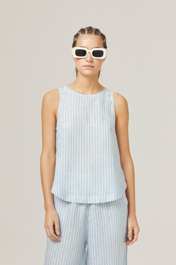 Yves Linen Top - Light Blue and White Stripes